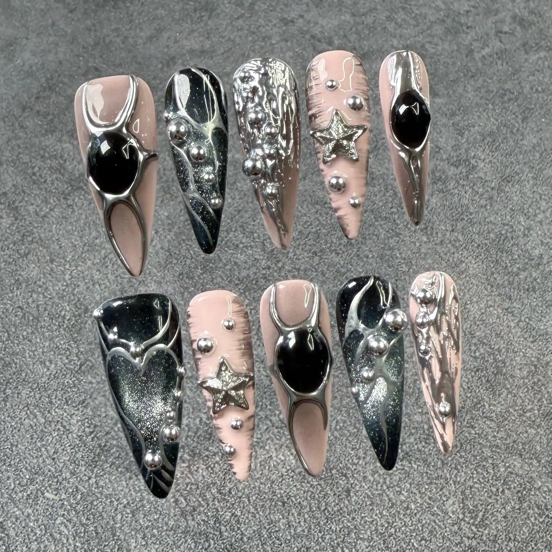 Dyed Nail European And American Long Pointed Nail Metal Hand Painted Ins Relief Sweet Cool