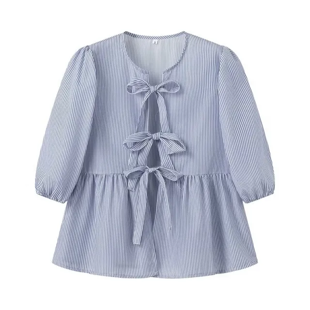 Vertical Striped Bow Lace up Shirt Loose Round Neck Half Sleeve Shirt Blue - Shop at LoveMi