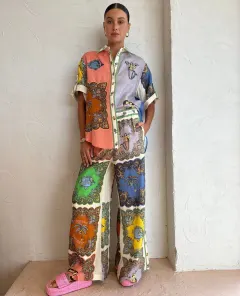Cotton Linen Shirt Short Sleeve Suit Summer Fresh Three-quarter - Floral Suit - View 1