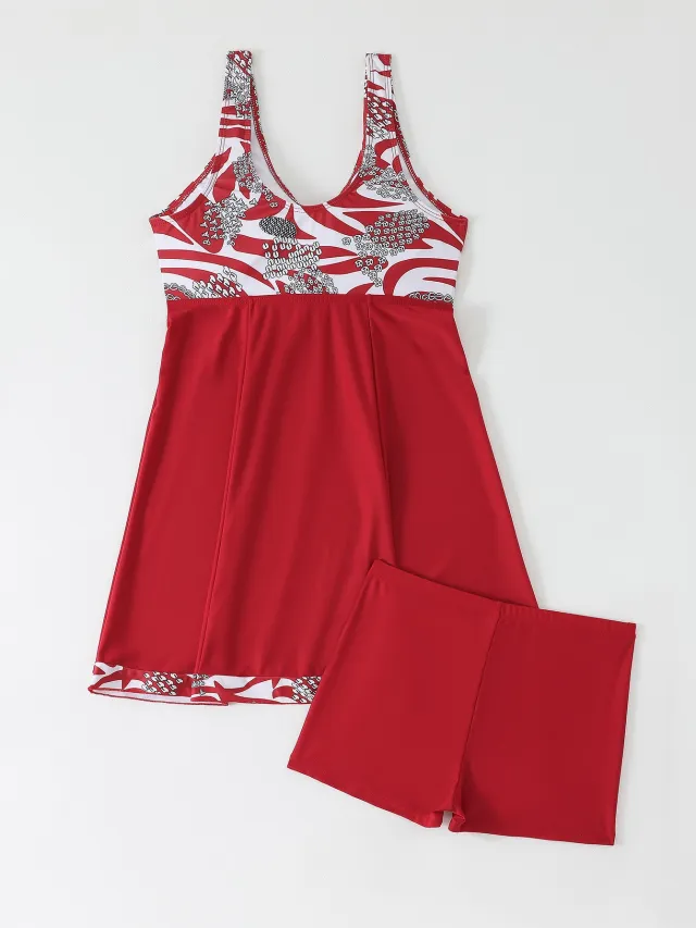 Female Skirt Style Split Boxers Conservative Tankini Swimsuit Red - Shop at LoveMi