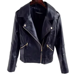Loose Leather Jacket Motorcycle Female - Black - View 1
