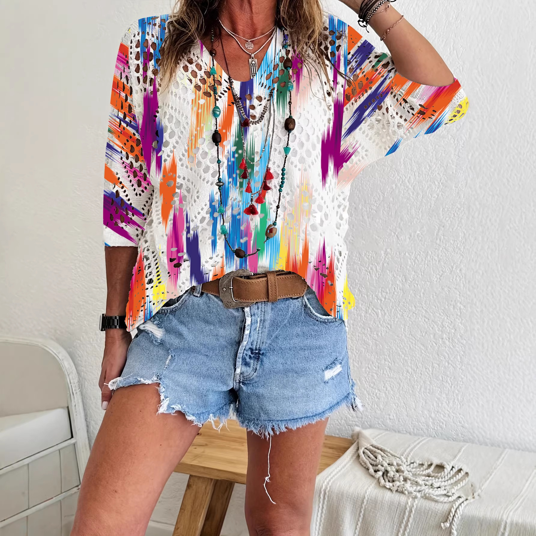 Women's Batwing-Sleeve Sweater 3D Knitted Print – hollowed-out relaxed fit lifestyle detail