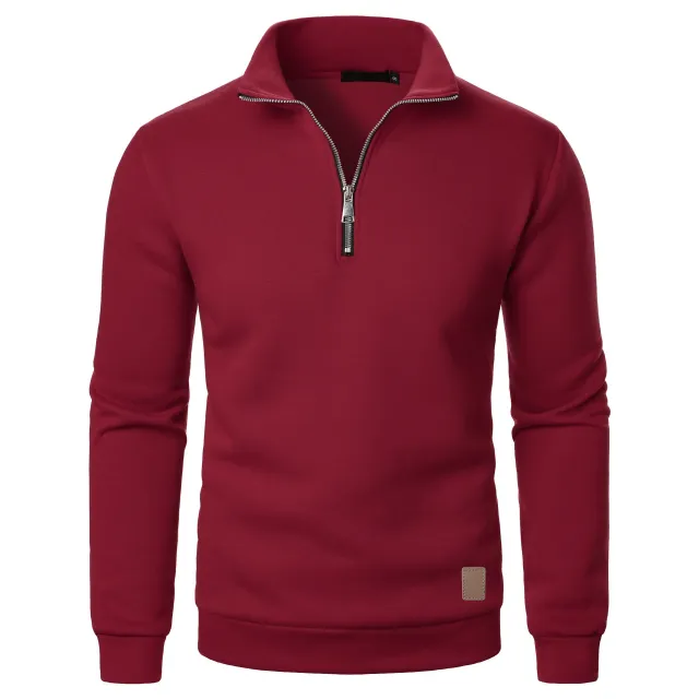 Men's Stand Collar Half Zip Long sleeved Sports Casual Solid Color Fleece Top Wine Red - Shop at LoveMi