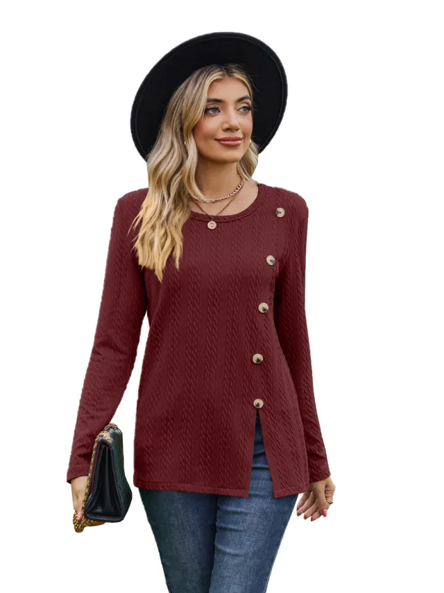 Women's Round Neck Button Split T shirt Top Red - Shop at LoveMi
