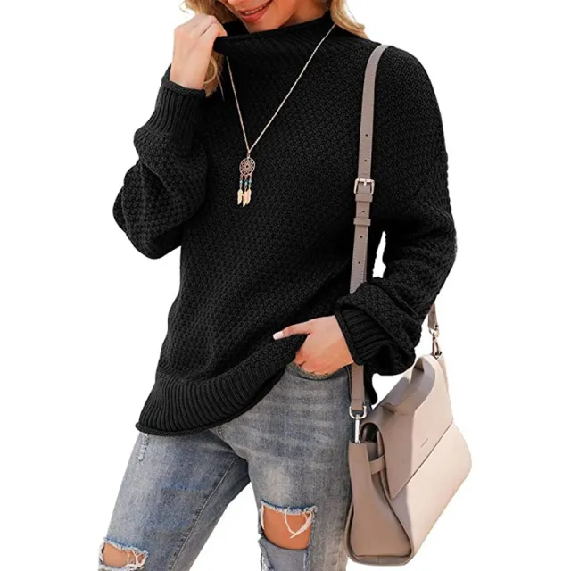 Half Turtleneck Plus Size Batwing Long Sleeve Pullover Loose Sweater Black - Shop at LoveMi