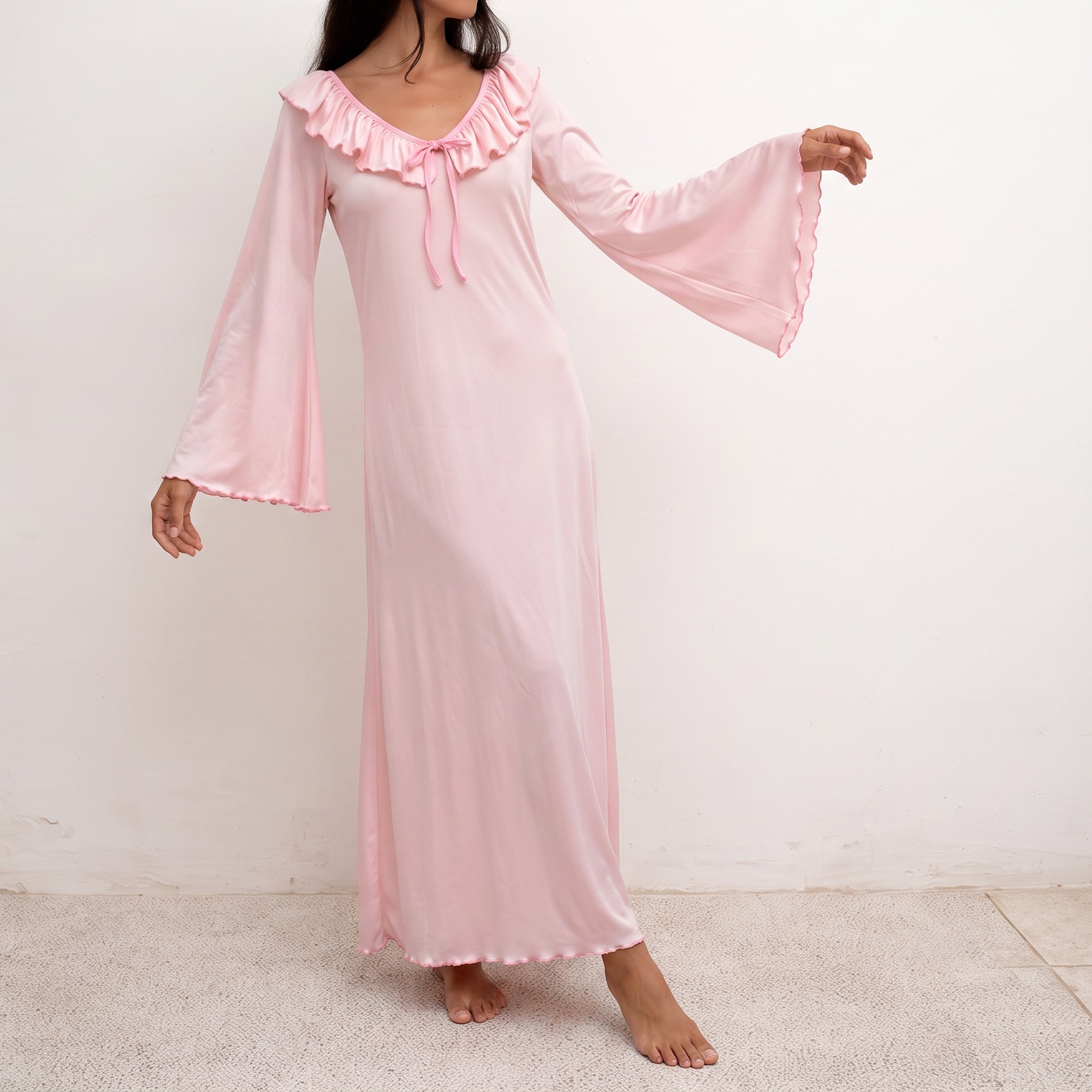 French-style Milk Silk Soft Flared-sleeve Ruffled Long Nightdress