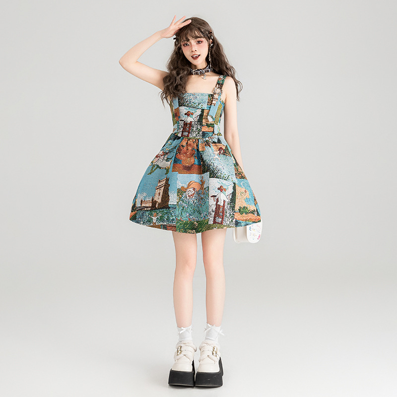 Jacquard Oil Painting Style Shoulder Strap Dress For Women Floral Small Short Dress - Shop at LoveMi