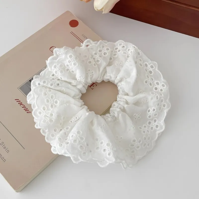 Retro Large Intestine Hair Band Female Hair Rope - White Embroidered Lace