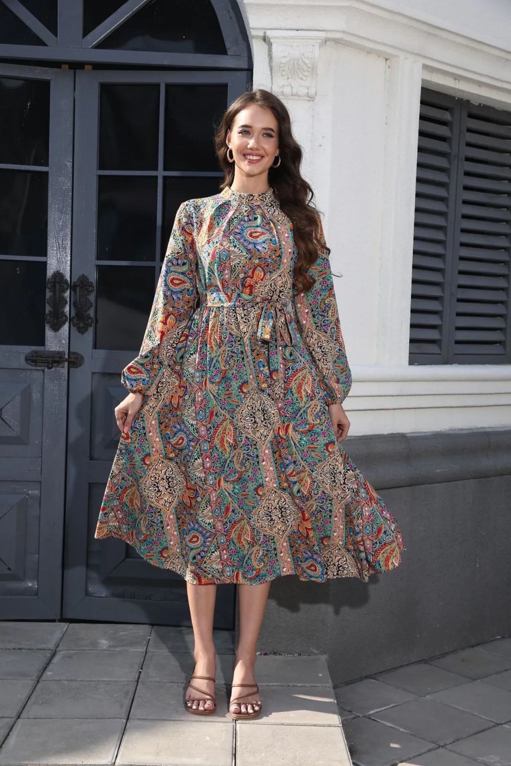 V-neck Smocking Waist-tight Long Printed Dress - Color