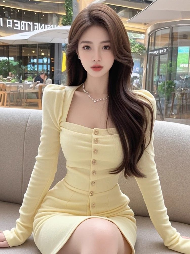 Yellow Mesh Square Neck Long Sleeve Dress with Hood