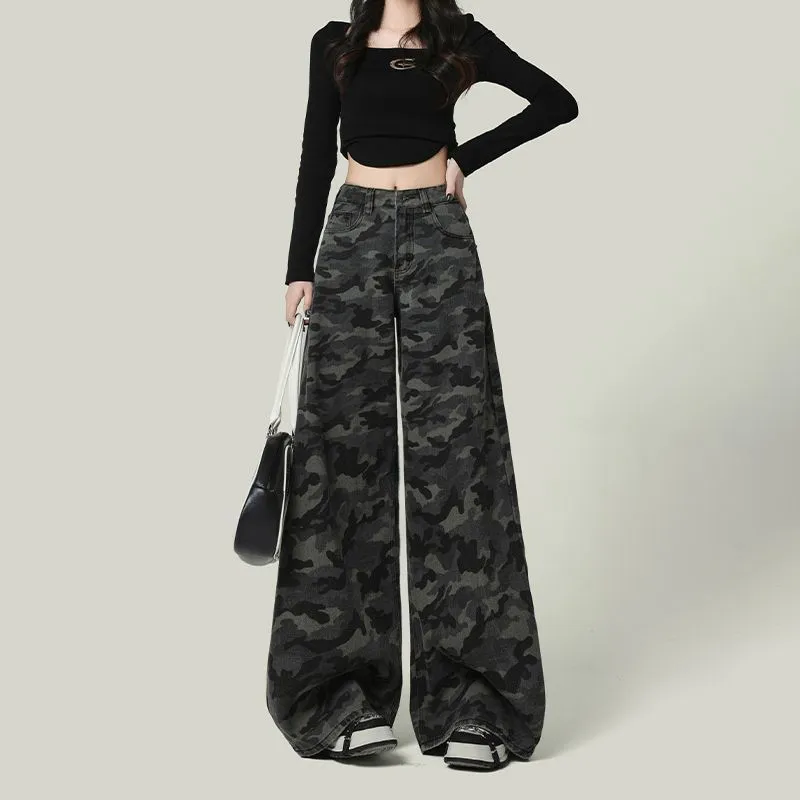 Women's American-style Wide-leg Camouflage Jeans