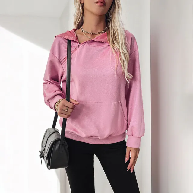 Valentine's Day Sweater Zipper Pocket Hooded Women Pink - Shop at LoveMi