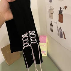 Love Pattern Cute Student Bottoming Pantyhose - Black Socks Pink Belt - View 1