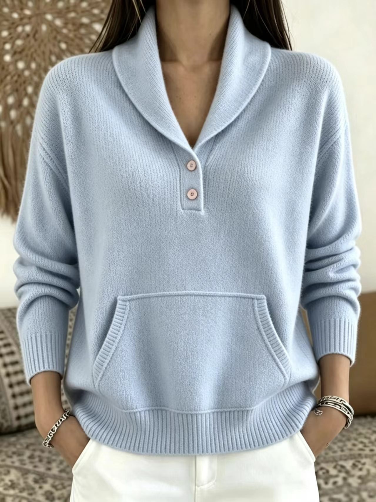Suit Collar Button Kangaroo Pocket Sweater For Women 7
