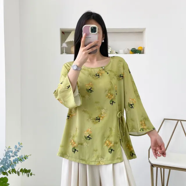 Womens Relaxed fit Chinese style Shirt With Flared Sleeves Green - Shop at LoveMi