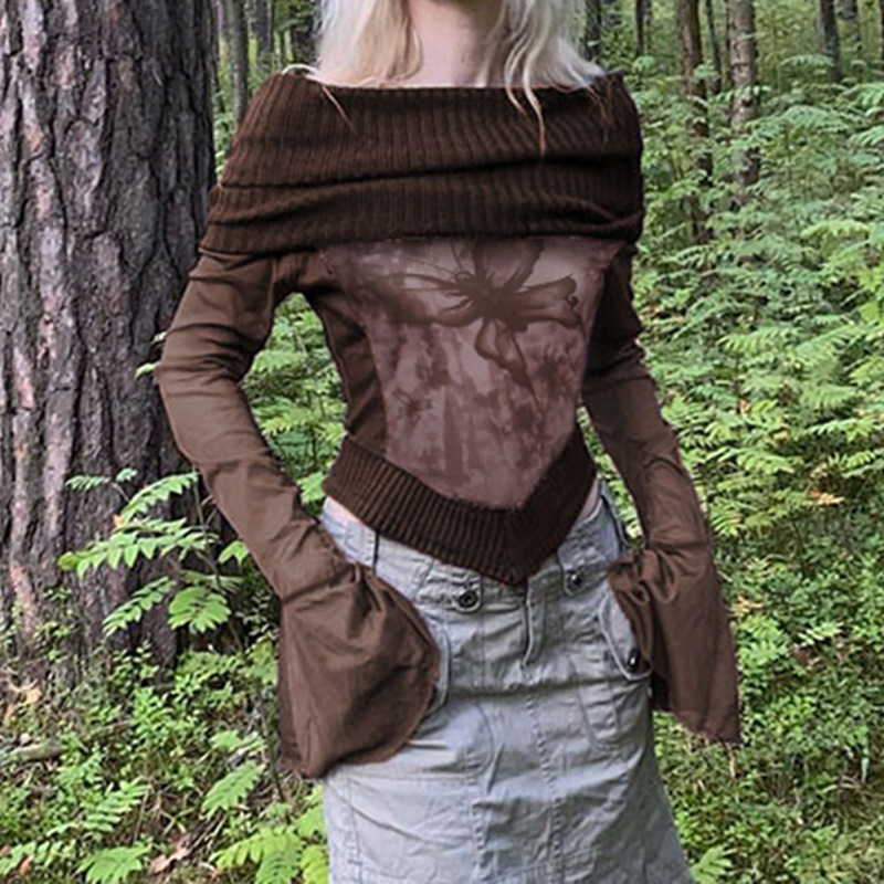 American-style Retro Off-shoulder Slim-fit Flared Sleeves T-shirt Top