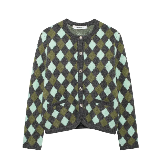 Diamond Pattern Jacquard Round Neck Knitted Cardigan Jacket - Shop at LoveMi