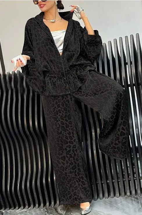 European And American Lapel Waist Drawstring Long Sleeve Leopard Print Casual Suit Black - Shop at LoveMi