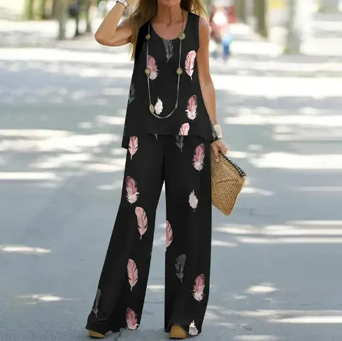Women's Fashion Printed Casual Vest Trousers Two-piece Suit - Figure Ten-M