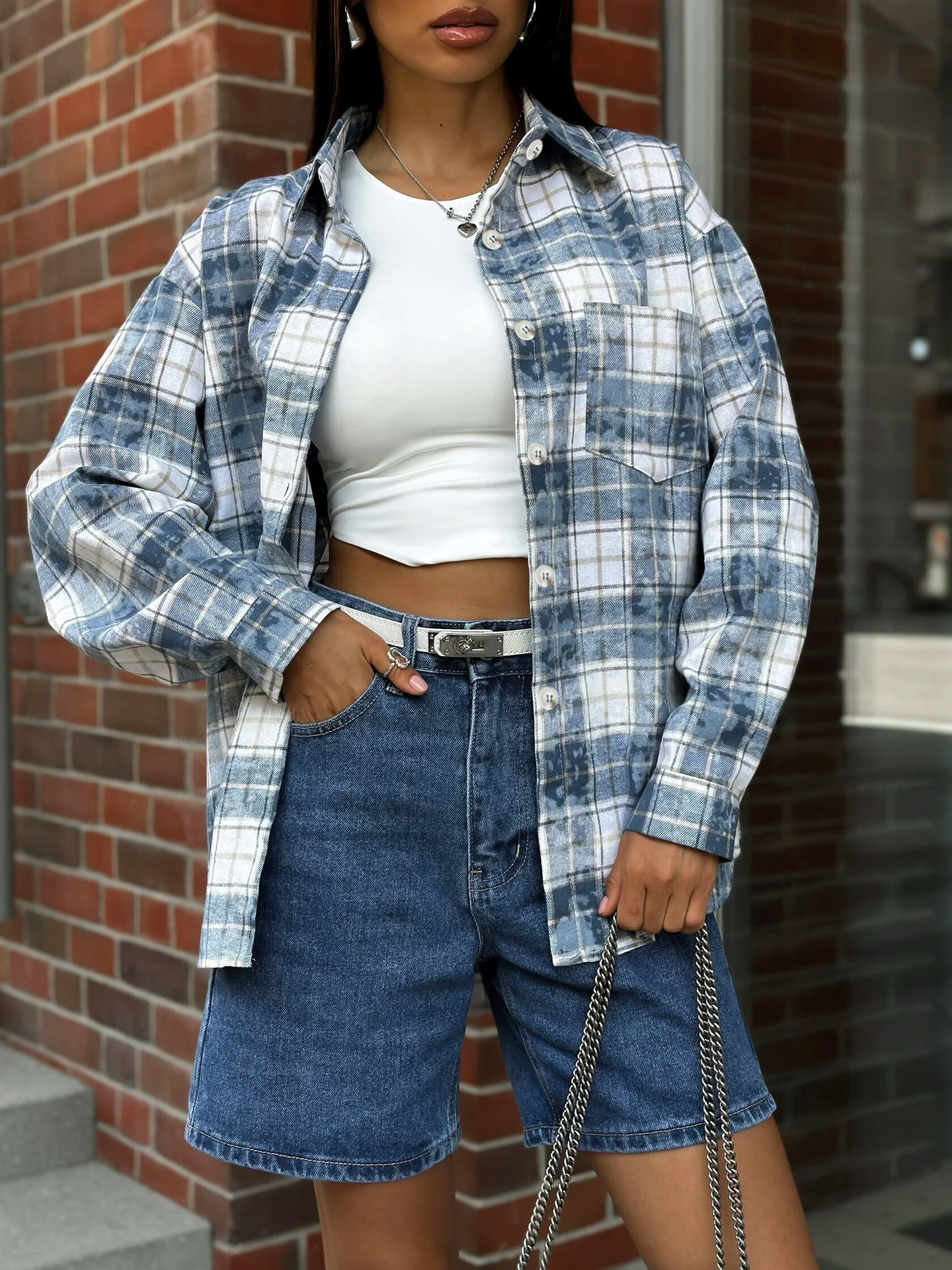 Title 2, Loose Classic Long-sleeved Plaid Polyester-cott...