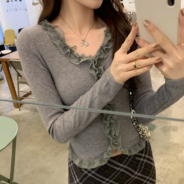 Lace Slim Women Long t shirt Gray - Shop at LoveMi