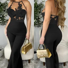 Ladies' Mesh Stitching Tight Jumpsuit - Black - View 1