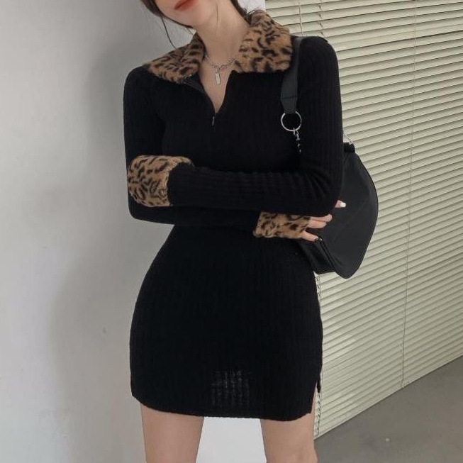 2021年秋冬季新款豹纹长袖气质感加厚连衣裙女修身显瘦包臀裙