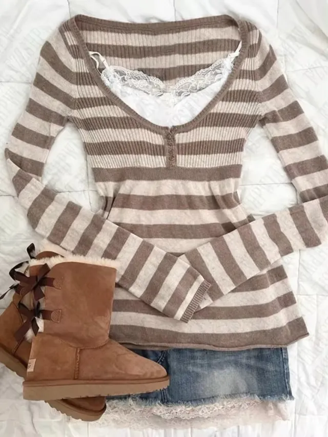 Striped Solid Color Thin Long Sleeve Blouse Brown - Shop at LoveMi