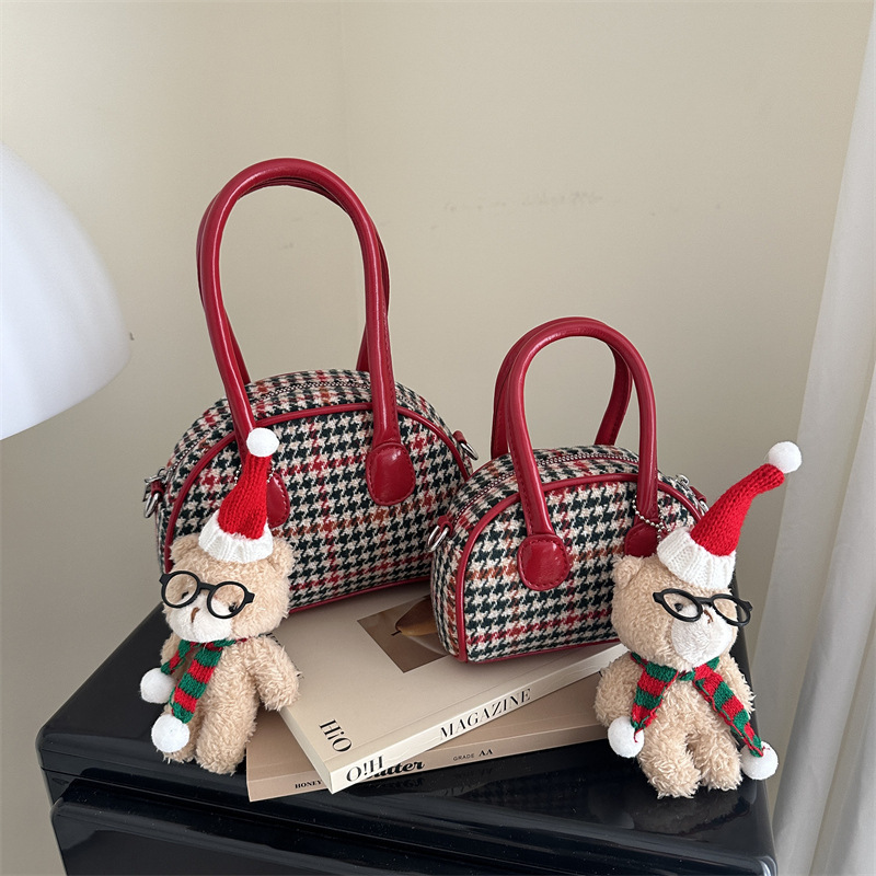 Color Block Houndstooth Kids Handbag Fashionable Christmas Doll Style Crossbody Bag