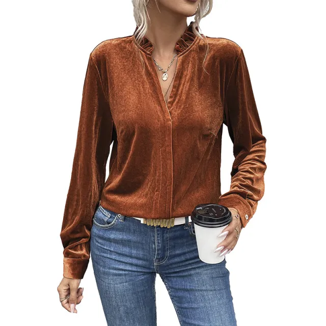 V neck Velvet Pullover Temperament Commute All matching Sweater Orange - Shop at LoveMi