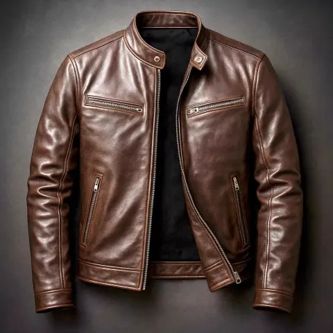 Mens PU Leather Motorcycle Jacket with a Stand-Up Collar