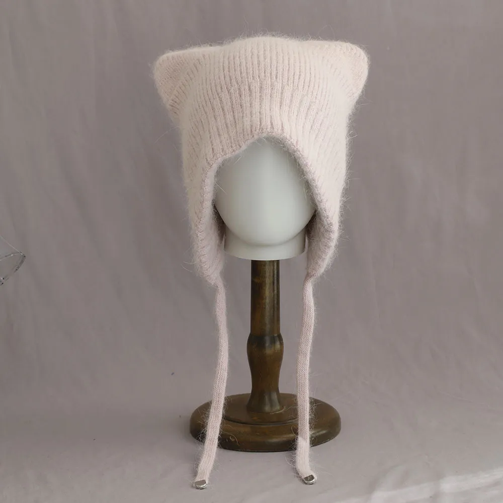 Winter High-quality Warm And Cute Cat Ear Rabbit Fur Knitted Hat - Pink