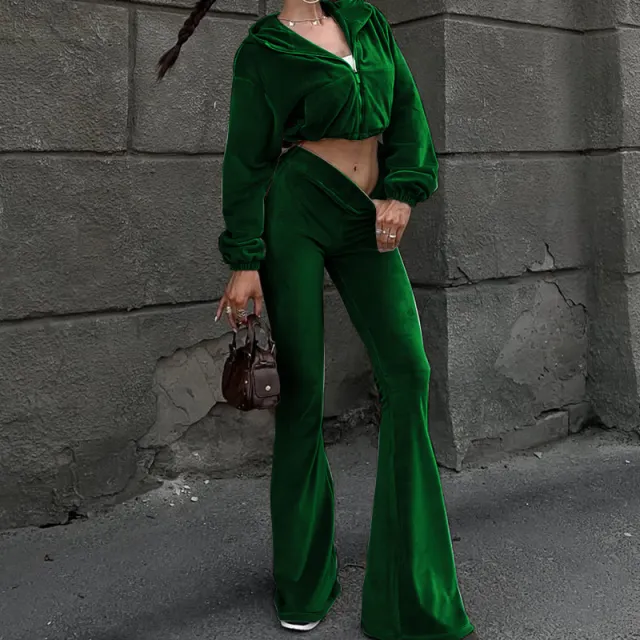 Women's Autumn New Casual Velvet High Waist Top And Flared Pants Two Piece Set Green - Shop at LoveMi