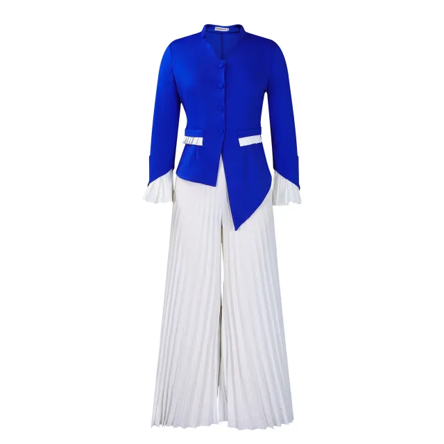 Fashion Flared Sleeves Top Pleated Wide leg Pants Suit Two piece Set Blue - Shop at LoveMi