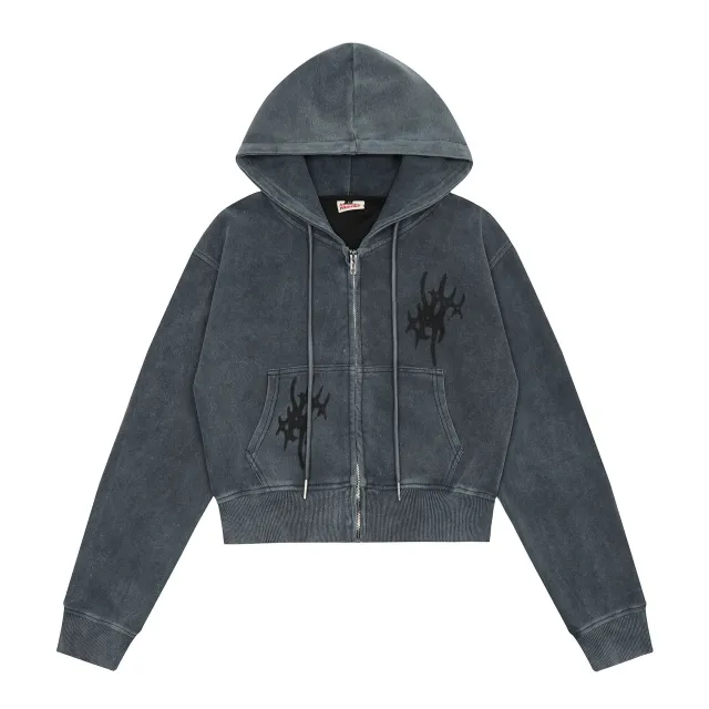 Retro Personalized Distressed Zipper Cardigan Hoodie Washed Blue - Shop at LoveMi