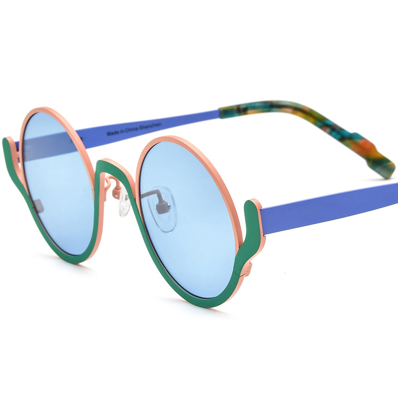 Female Casual Versatile Color Blocked Pure Titanium Round Sunglasses
