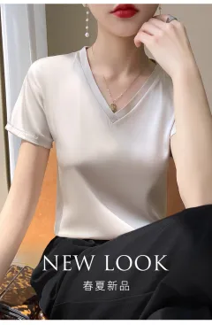 Summer Acetate Satin V-neck Short-sleeved T-shirt Women's Top - Champagne - View 1