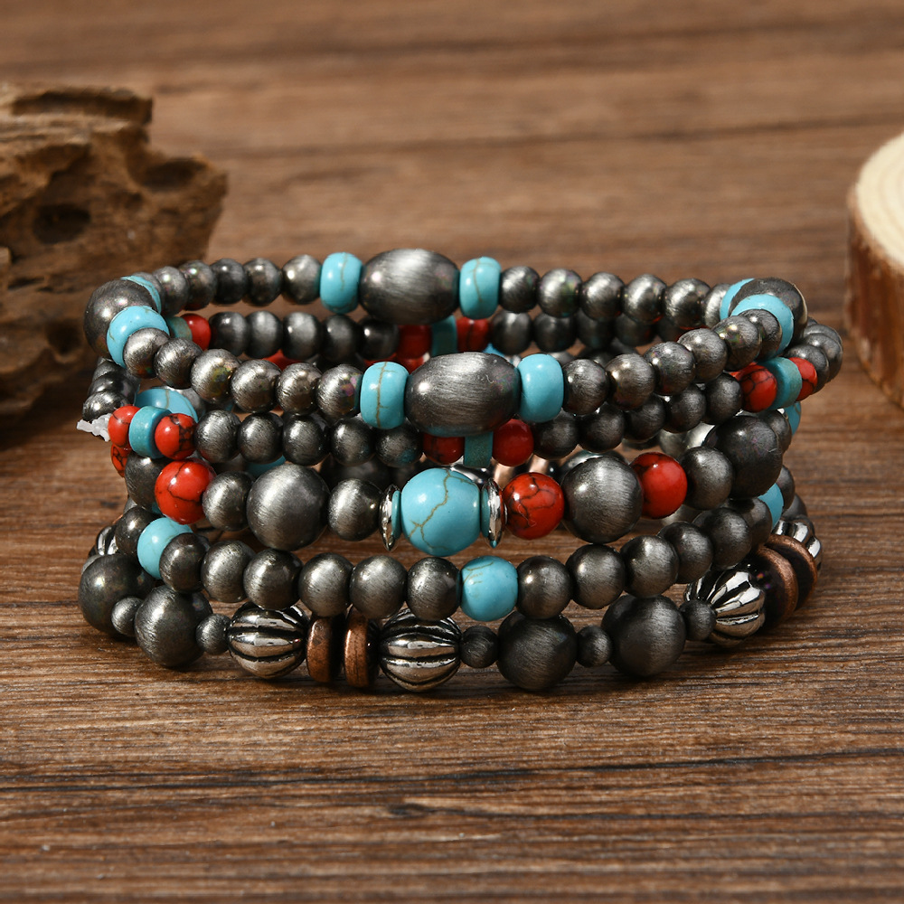Comfort Elastic Turquoise Beaded Bracelet with Vintage U-Shape