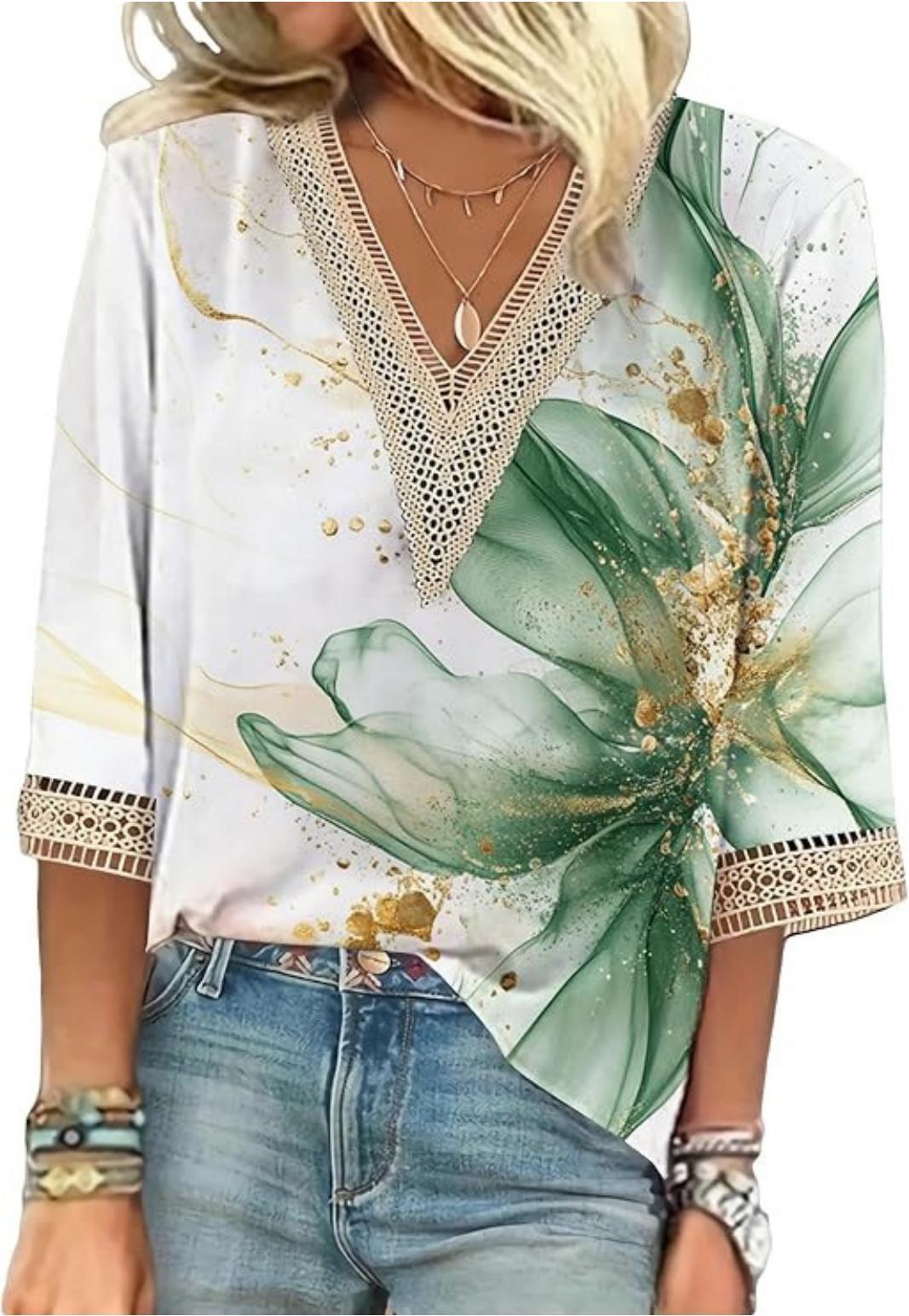 V-neck Lace-trimmed Printed Loose-fit Blouse Top