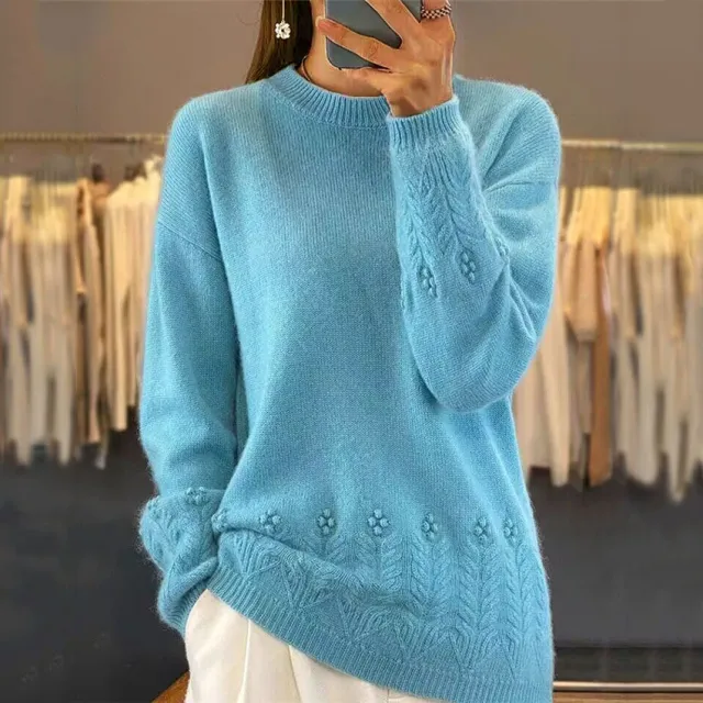 Women's Round Neck Solid Color Sweater Top Vintage Crocheted Pullover Blue - Shop at LoveMi