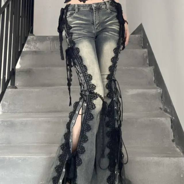 Vintage Plus Size Lace Strap Split Jeans Bootcut Trousers S - Shop at LoveMi