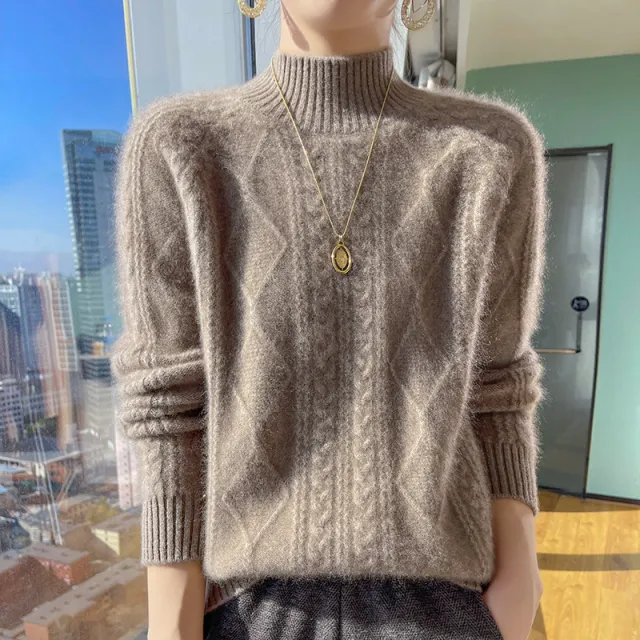 Woolen Mock Neck Sweater Women's Thickened Twisted All matching Deep Camel - Shop at LoveMi