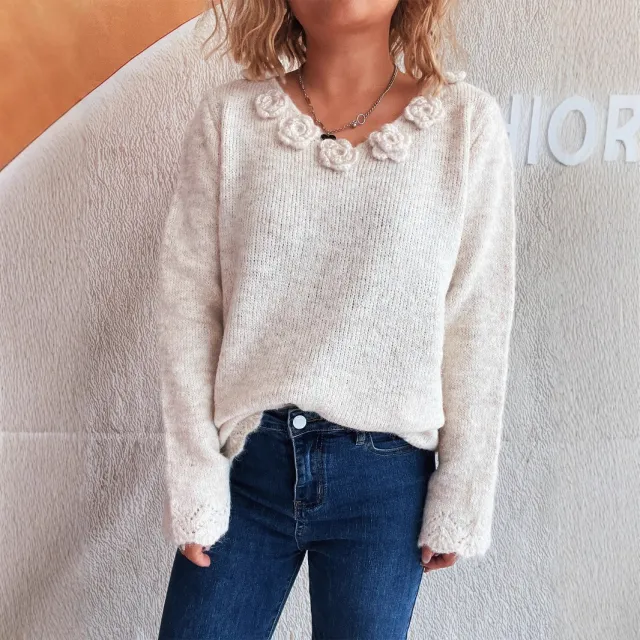 New Patchwork Flower Solid Color Sweater For Women Apricot - Shop at LoveMi