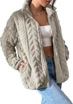 Solid Color Casual Zipper Cardigan Stand Collar Polar Fleece Jacket - Khaki - View 1