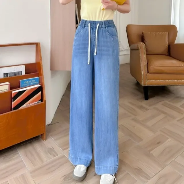 Summer Thin Stretch Straight Elastic Denim Jeans In Lyocell Tencel Light Blue - Shop at LoveMi