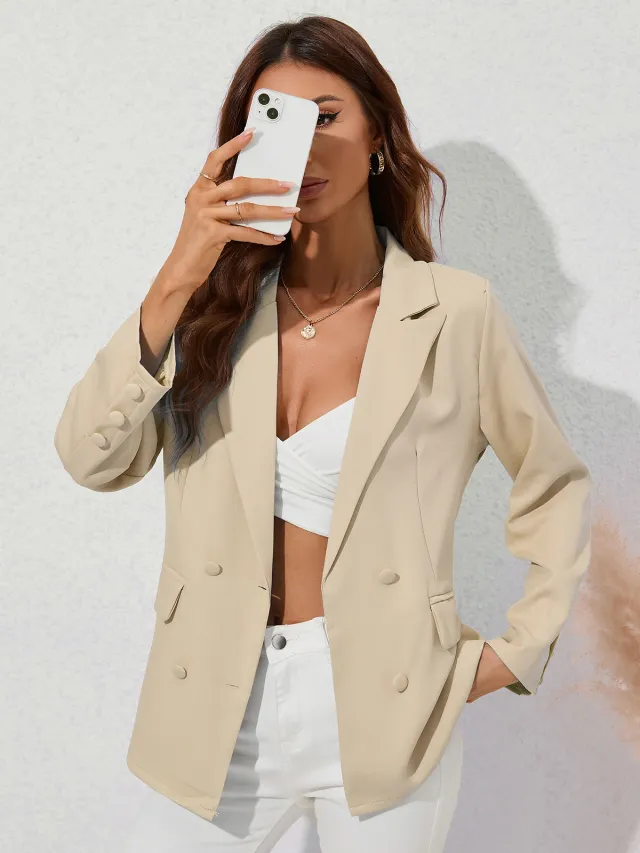 Women's Solid color Lapel Long sleeve Blazer Apricot - Shop at LoveMi