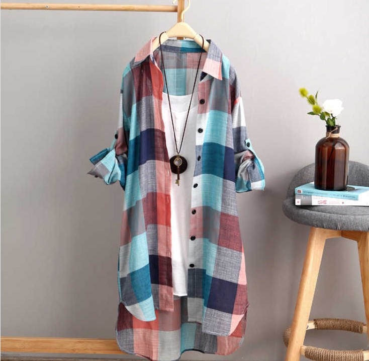Korean Style Sun protection Clothing Shirt Women's Mid length Plus Size Plaid L - Shop at LoveMi
