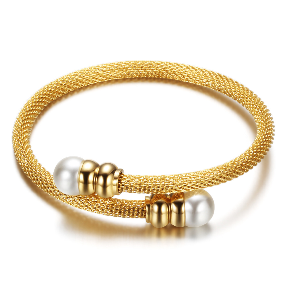 18K Golden Three Colors Pearl Titanium Steel Bracelet