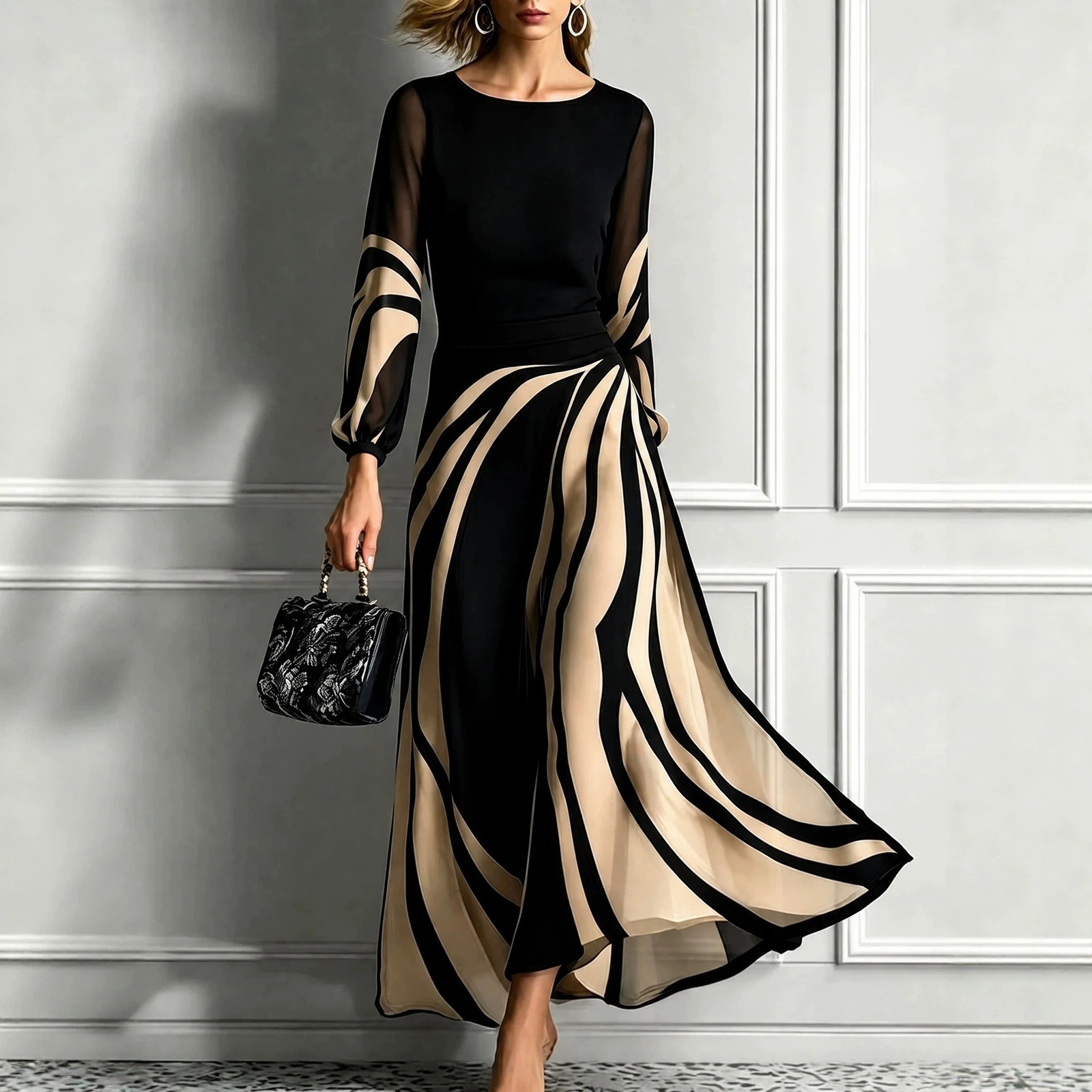 Womens Color-Block Wavy Striped Chiffon Dress
