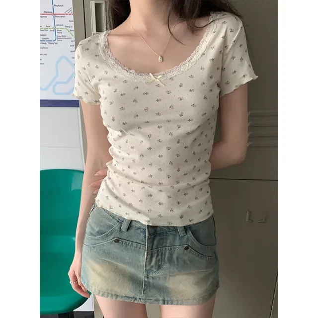 Lace Summer Bow Chic Slim Top Apricot Bottom Polka Dot Rose - Shop at LoveMi